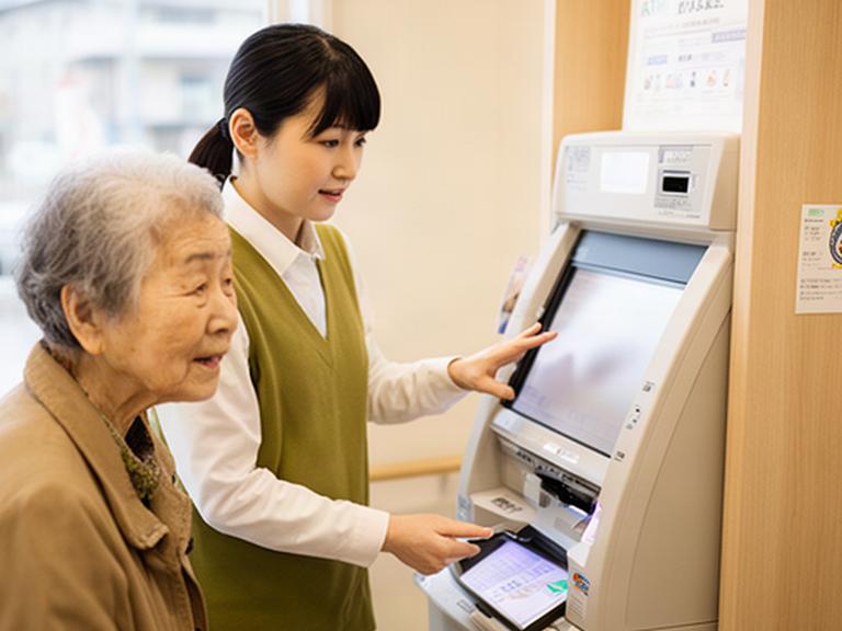 三条市の明るいATMコーナーで高齢のお客様の隣に立ち操作を案内するスタッフ