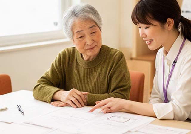三条市の明るい相談室で高齢のお客様とスタッフが銀行書類を確認している様子
