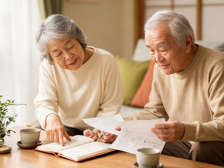 三条市の明るい居間で通帳と家計メモを確認する高齢の夫婦